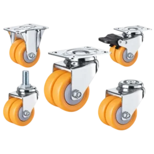 six light-duty caster wheels in top plate mounting style, with dual orange color nylon wheel and silver color zinc plated metal bracket.