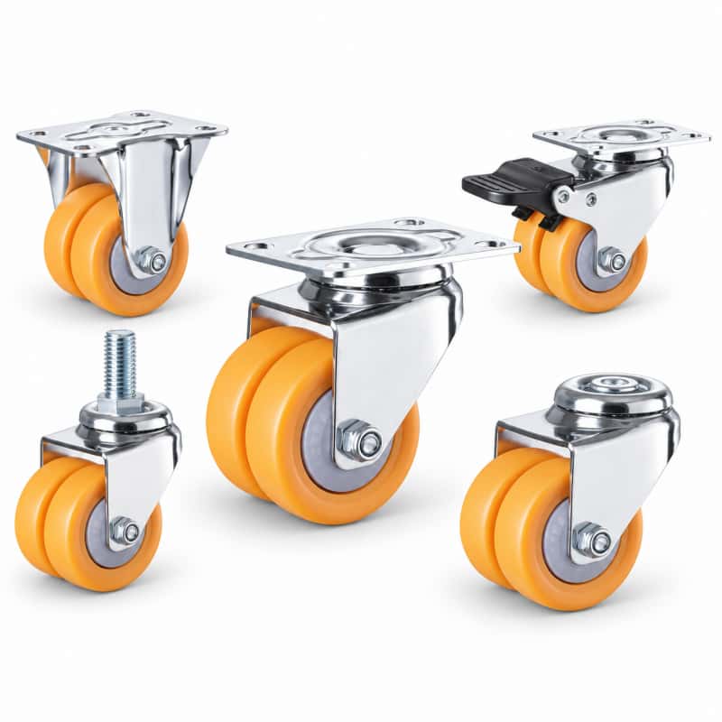 five light-duty caster wheels in top plate, bolt hole and stem mounting style, with dual orange color wheel and silver color zinc plated metal bracket.