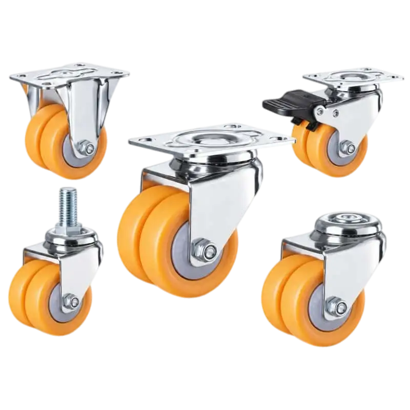 six light-duty caster wheels in top plate mounting style, with dual orange color nylon wheel and silver color zinc plated metal bracket.