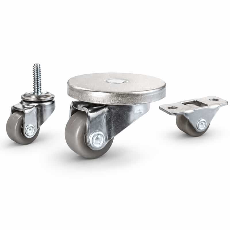 Three light-duty small caster wheels in top plate and stem mounting style, with brown color wheel and silver color zinc plated metal bracket.