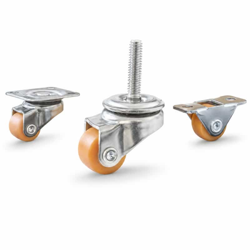 Three light-duty small caster wheels in top plate and stem mounting style, with orange color wheel and silver color zinc plated metal bracket.