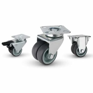 Three light-duty caster wheels in top plate mounting style, with dual black color wheels and silver color zinc plated metal bracket.
