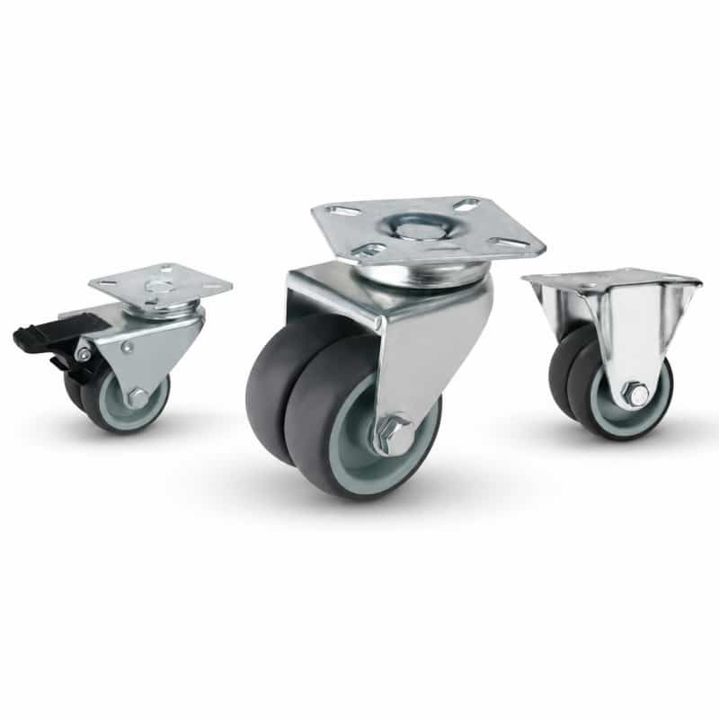Three light-duty caster wheels in top plate mounting style, with dual black color wheels and silver color zinc plated metal bracket.