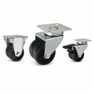 Three light-duty caster wheels in top plate mounting style, with dual black color wheels and silver color zinc plated metal bracket.