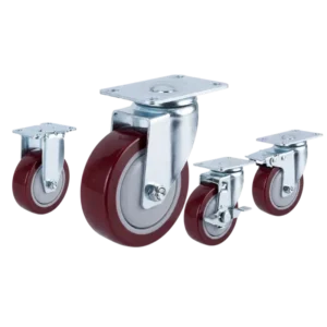 Medium-duty PU casters with red tread in rigid, swivel and swivel with brake configurations.