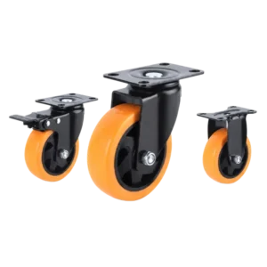 Medium-duty PVC casters with orange tread in rigid, swivel and swivel with brake configurations.