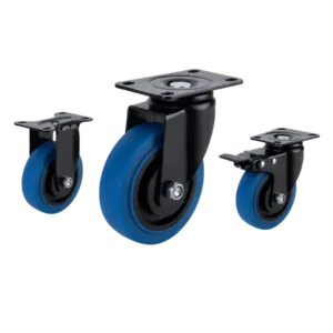 Medium-duty TPR casters with blue tread in rigid, swivel and swivel with brake configurations.