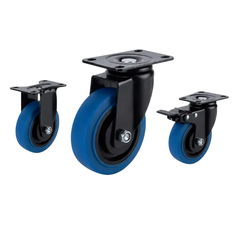 Medium-duty TPR casters with blue tread in rigid, swivel and swivel with brake configurations.