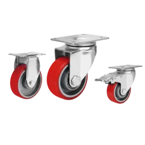 Medium-duty PU on cast iron casters with red tread in rigid, swivel and swivel with brake configurations.