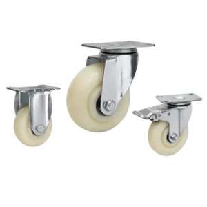 Medium-duty nylon casters with white tread in rigid, swivel and swivel with brake configurations.