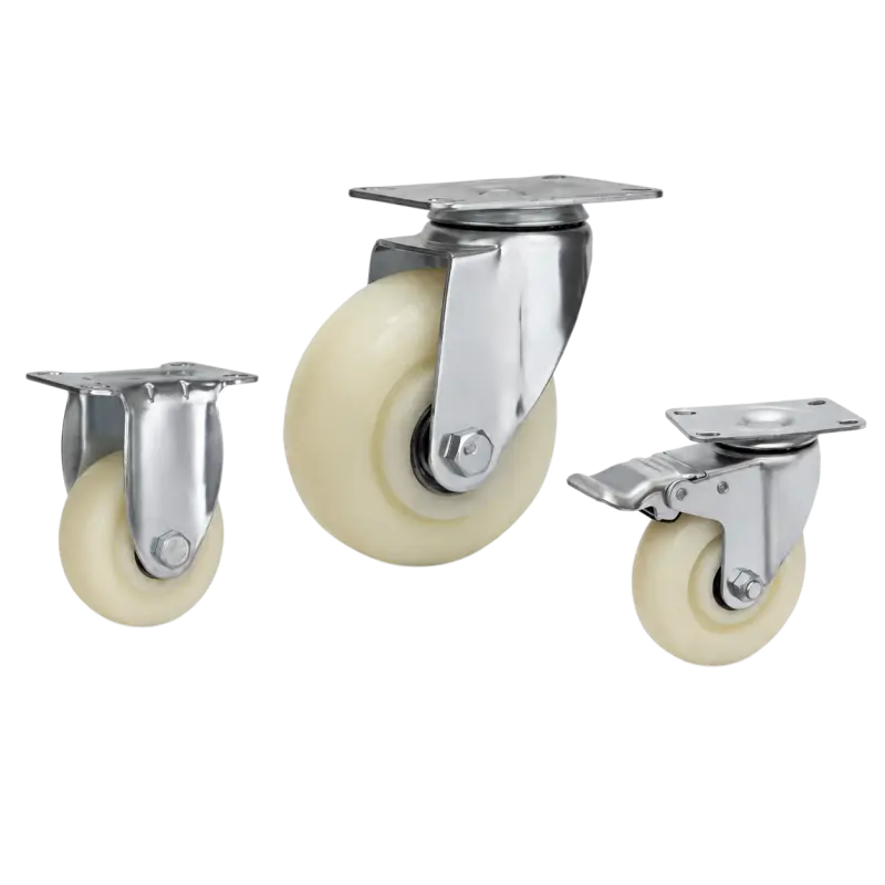 Medium-duty nylon casters with white tread in rigid, swivel and swivel with brake configurations.