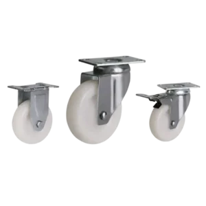 Medium-duty plastic casters with white tread in rigid, swivel and braked swivel configurations.