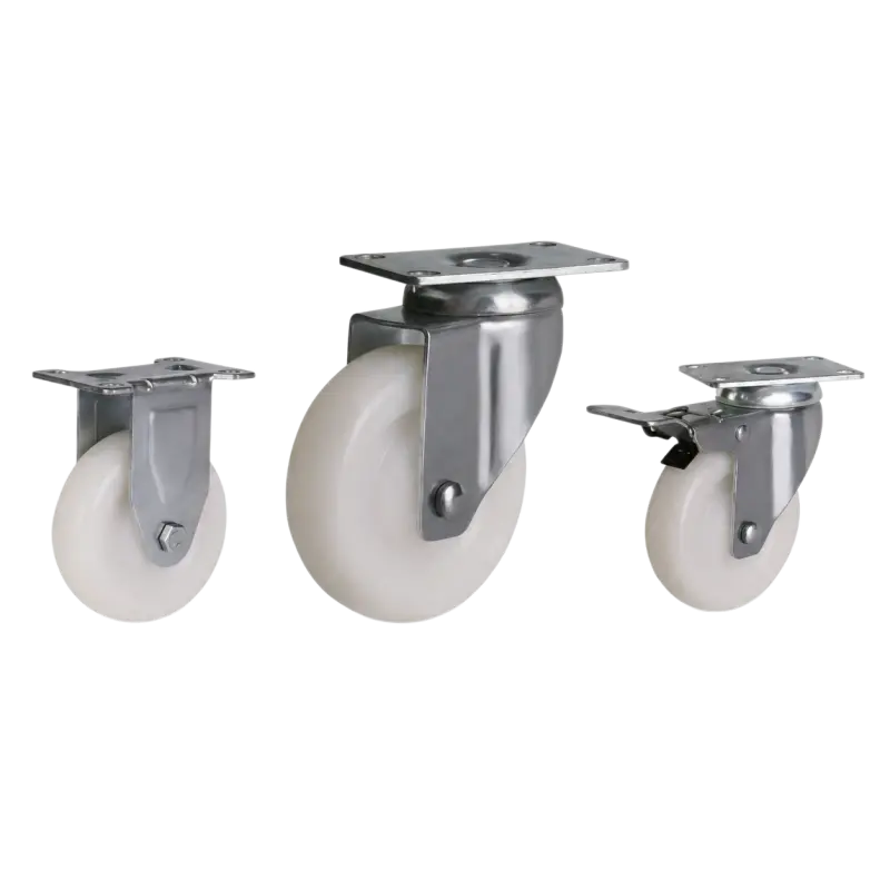 Medium-duty plastic casters with white tread in rigid, swivel and braked swivel configurations.