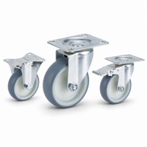 Three casters with blue tread white core wheels in top-plate rigid, swivel and swivel with brake configurations.