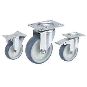 Three casters with blue tread white core wheels in top-plate rigid, swivel and swivel with brake configurations.