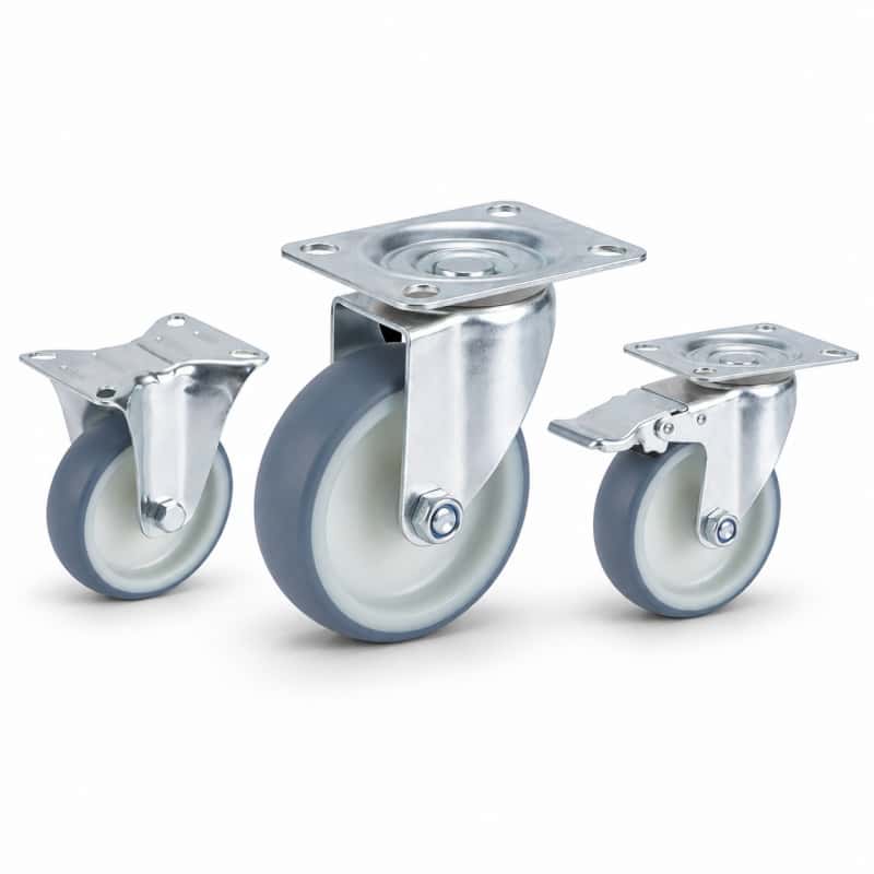 Three casters with blue tread white core wheels in top-plate rigid, swivel and swivel with brake configurations.