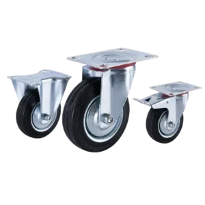 medium duty european-style casters with steel rim rubber wheels in top-plate rigid, swivel and swivel with brake configurations