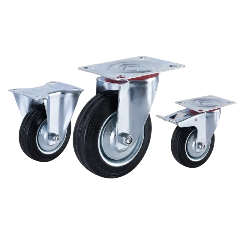 medium duty european-style casters with steel rim rubber wheels in top-plate rigid, swivel and swivel with brake configurations