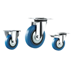 medium duty european-style casters with blue color rubber wheels in rigid, swivel and swivel with brake top-plate configurations