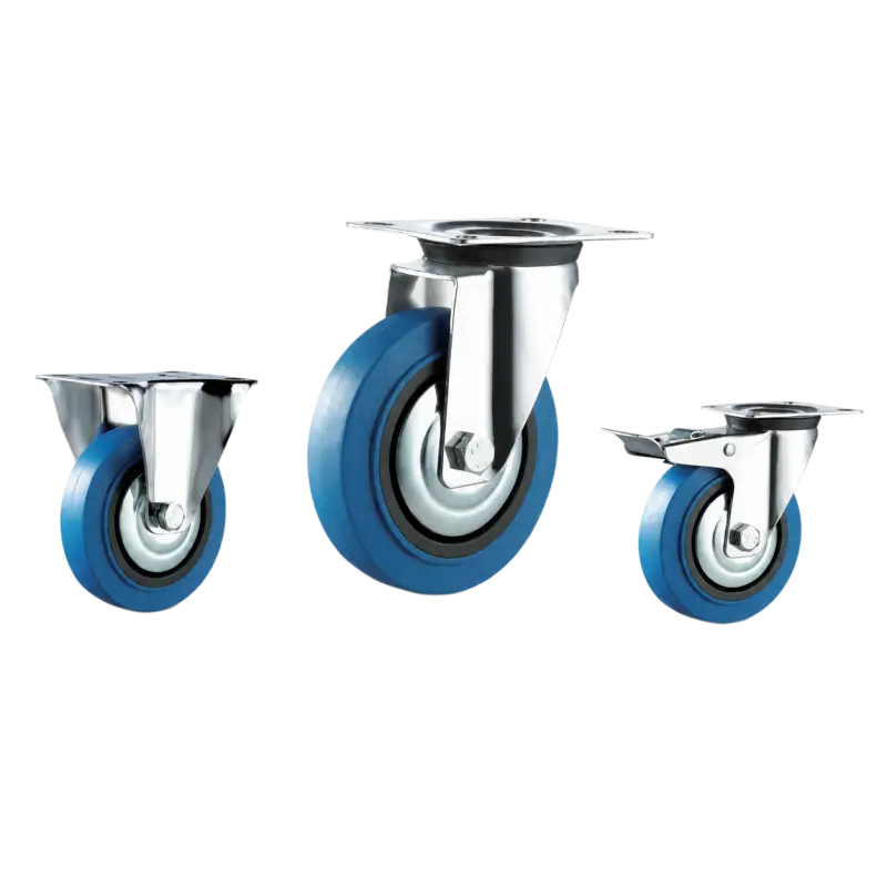 medium duty european-style casters with blue color rubber wheels in rigid, swivel and swivel with brake top-plate configurations
