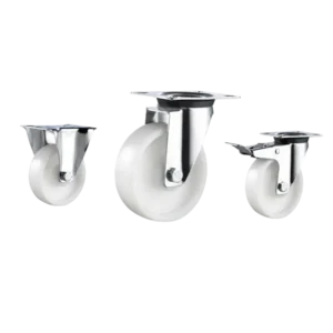medium duty european-style casters with white wheels in top-plate rigid, swivel and swivel with brake configurations