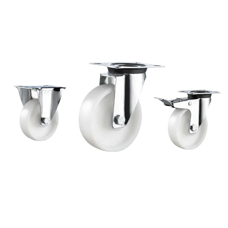 medium duty european-style casters with white wheels in top-plate rigid, swivel and swivel with brake configurations
