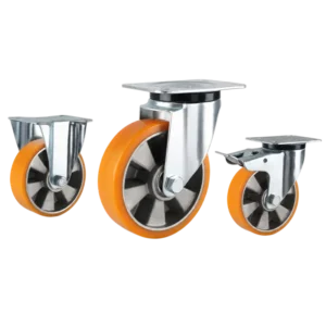 medium duty european-style casters with orange PU tread wheels in top-plate rigid, swivel and swivel with brake configurations