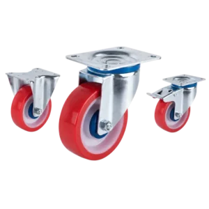 medium duty european-style casters with red PU tread wheels in top-plate rigid, swivel and swivel with brake configurations