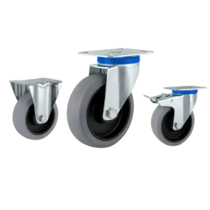 medium duty european-style casters with grey tread black core wheels in top-plate rigid, swivel and swivel with brake configurations