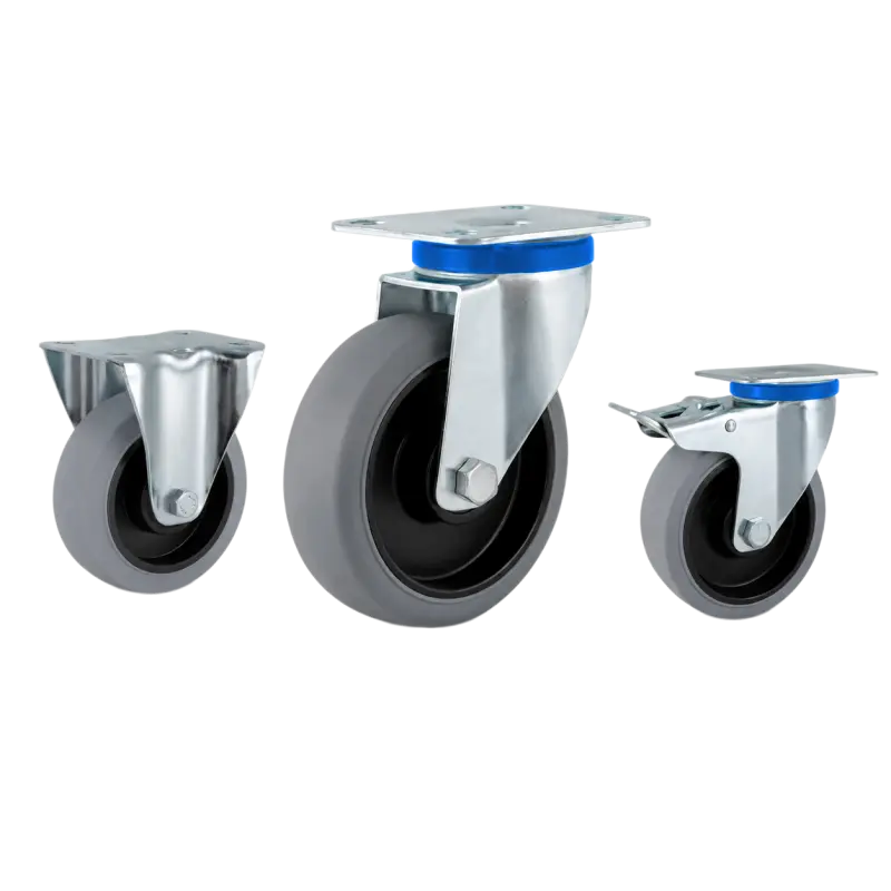 medium duty european-style casters with grey tread black core wheels in top-plate rigid, swivel and swivel with brake configurations