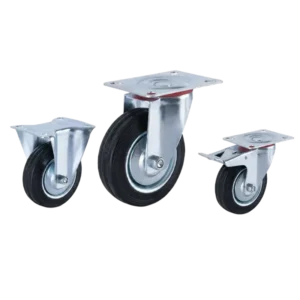 medium duty european-style casters with steel rim rubber wheels in top-plate rigid, swivel and swivel with brake configurations