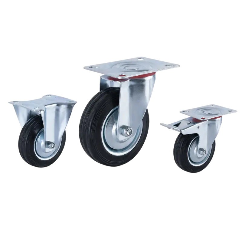 medium duty european-style casters with steel rim rubber wheels in top-plate rigid, swivel and swivel with brake configurations