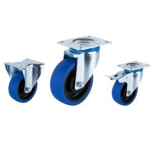 medium duty european-style casters with blue color rubber wheels in rigid, swivel and swivel with brake top-plate configurations