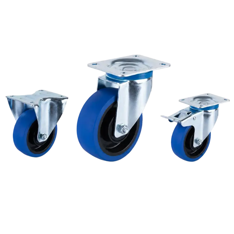 medium duty european-style casters with blue color rubber wheels in rigid, swivel and swivel with brake top-plate configurations