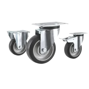 medium duty european-style casters with black tread on aluminum core wheels in top-plate rigid, swivel and swivel with brake configurations