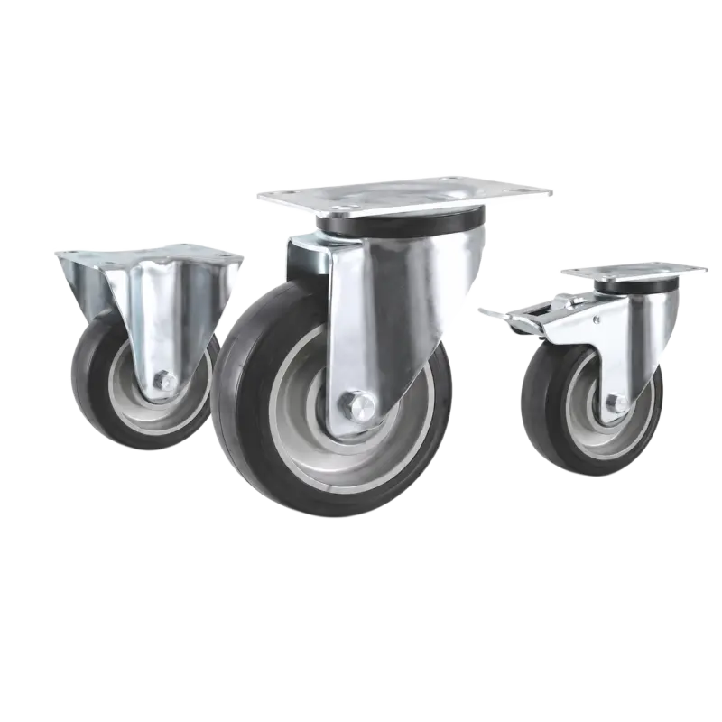 medium duty european-style casters with black tread on aluminum core wheels in top-plate rigid, swivel and swivel with brake configurations