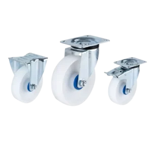 medium duty european-style casters with white wheels in top-plate rigid, swivel and swivel with brake configurations