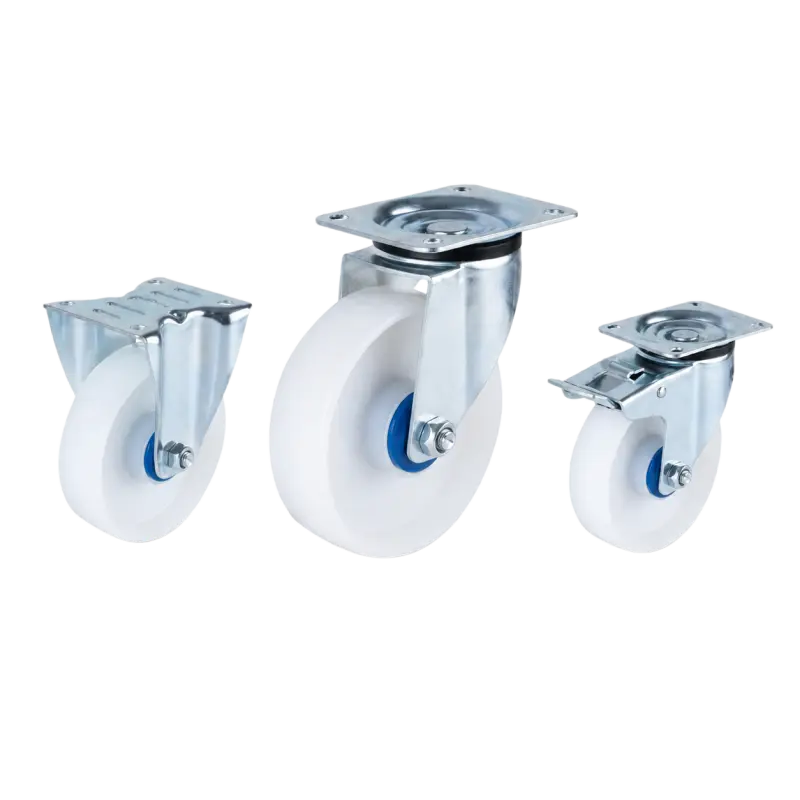 medium duty european-style casters with white wheels in top-plate rigid, swivel and swivel with brake configurations