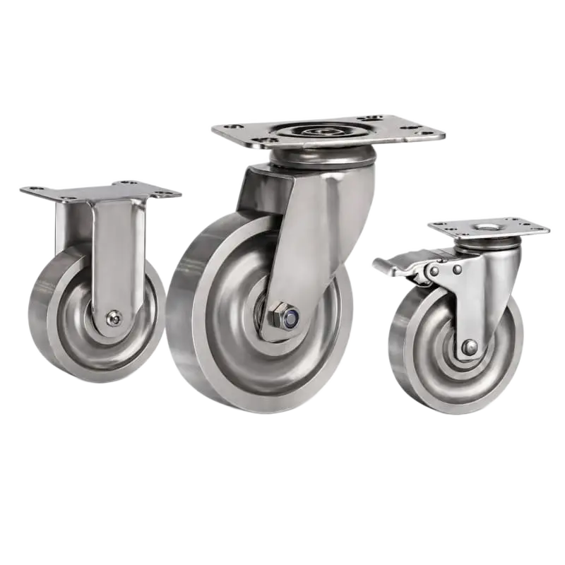 Three casters with stainless steel wheels in top-plate rigid, swivel and swivel with brake configurations.