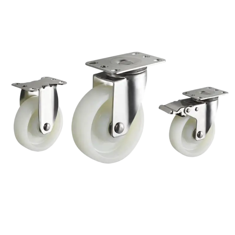 Three casters with white wheels in top-plate rigid, swivel and swivel with brake configurations.