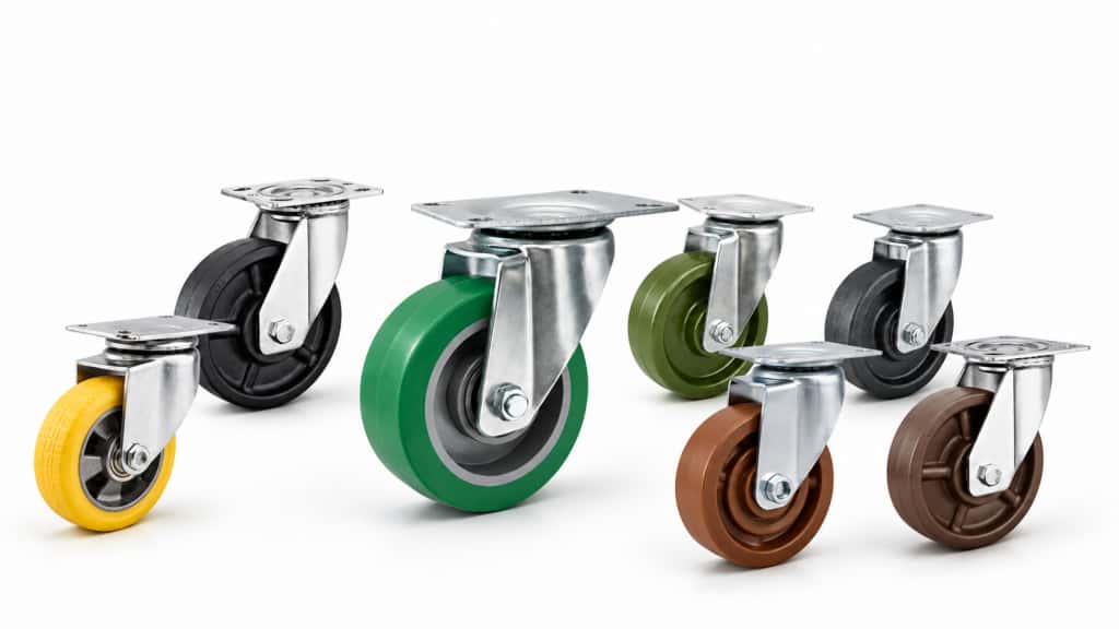 seven high temp resistant casters with green, brown, and silicone wheels in various sizes and top plate moutings.