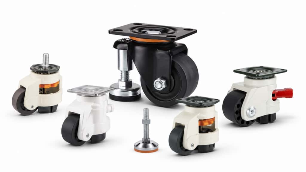 five leveling casters with black nylon wheels and a stainelss steel leveling feet on a white background.