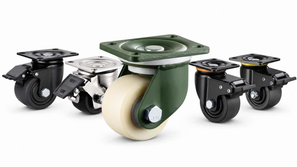 five low profile casters with black and white color nylon wheels in swivel and swivel with brake styles.