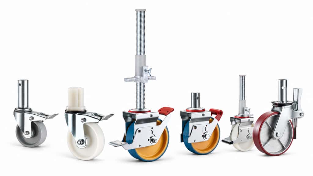 six scaffolding casters with nylon and PU wheels in stem and hollow tube designs.
