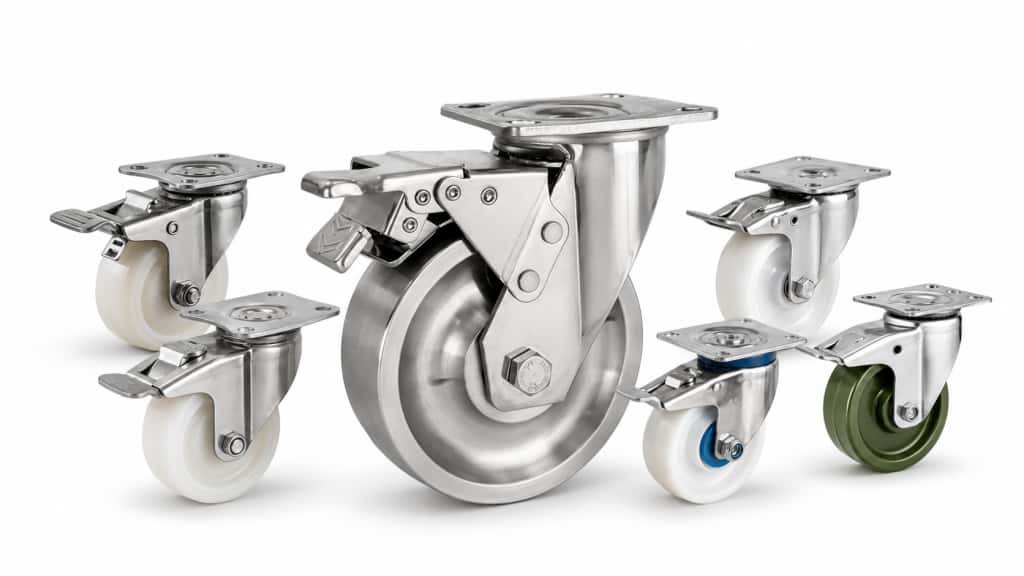 Six stainless steel housing casters with white, green, and all-stainless steel wheels in various sizes, including swivel and brake-equipped designs.