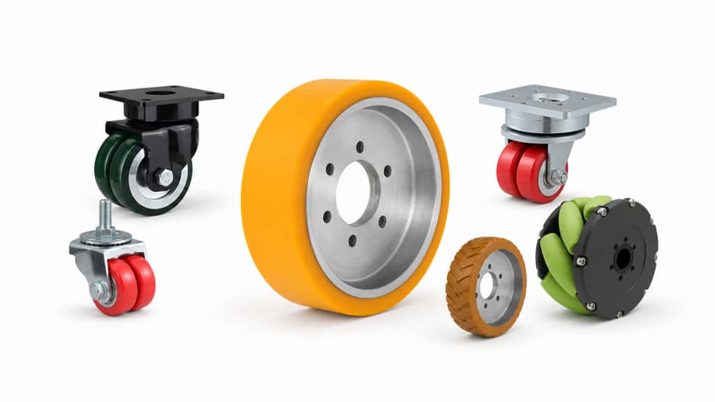 Six AGV casters and wheels on a white background, showcasing plate-mounted, stem casters, polyurethane wheels, and a multi-roller omni-directional wheel.