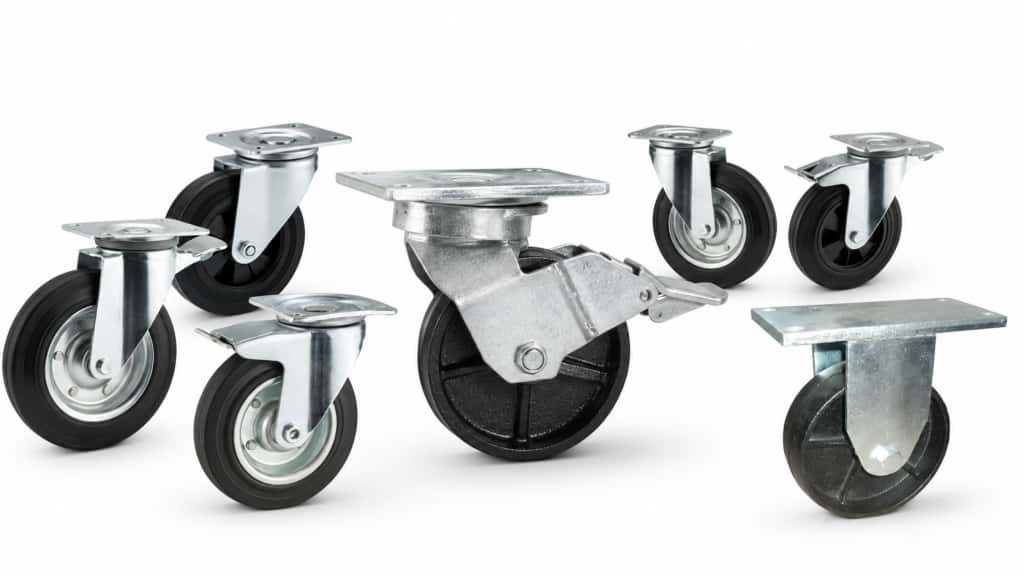 seven garbage container casters with rubber and cast iron wheels, featuring swivel and swivel with brake designs.