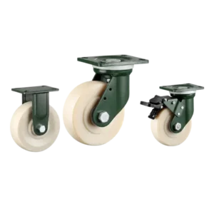 Three extra heavy-duty caster wheels in top plate mounting style, with white color MC nylon wheel and dark green color powder coated metal bracket.