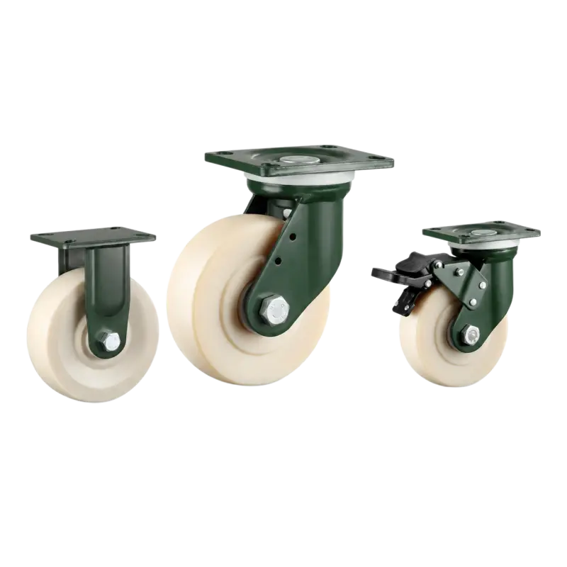 Three extra heavy-duty caster wheels in top plate mounting style, with white color MC nylon wheel and dark green color powder coated metal bracket.