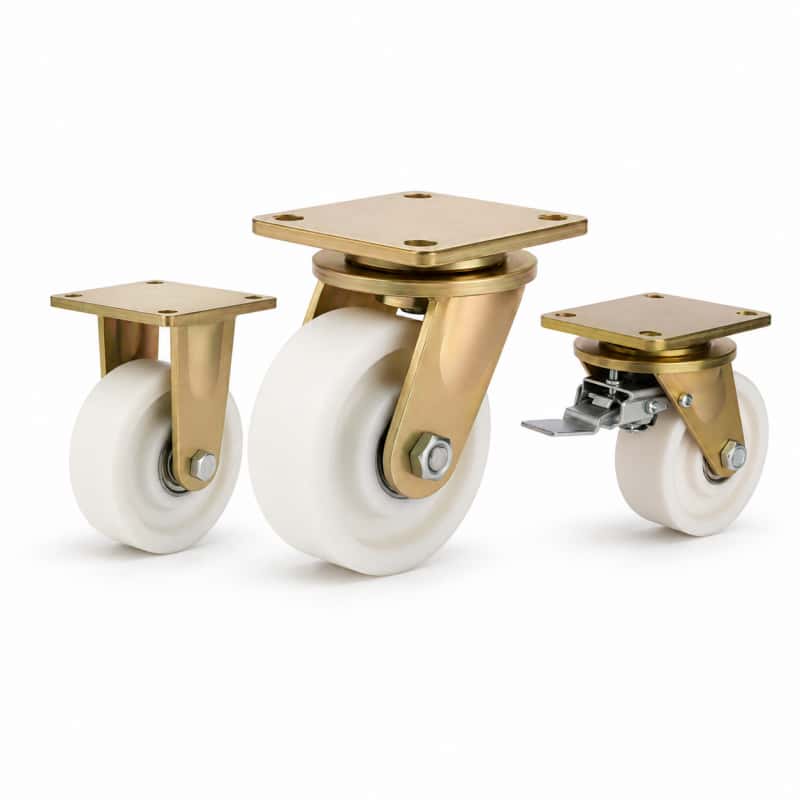 Three extra heavy-duty caster wheels in top plate mounting style, with white color MC nylon wheel and golden color zinc plated metal bracket.